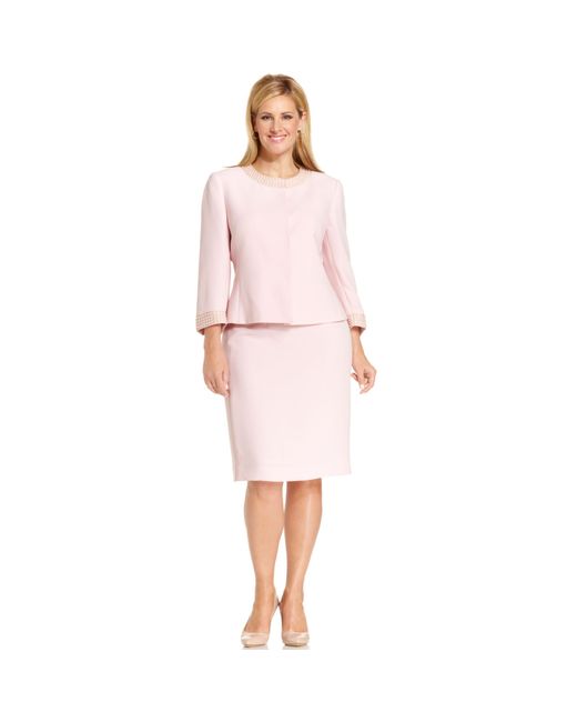 Tahari Pink By Asl Plus Size Collarless Beaded Skirt Suit