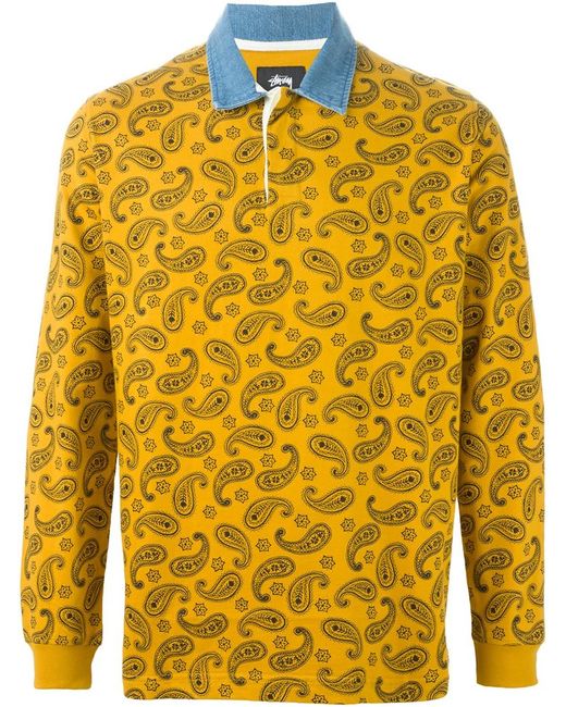 Stussy Yellow Paisley Print Long Sleeve Polo Shirt for men