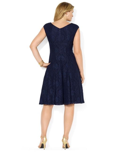 Lauren by Ralph Lauren Blue Plus Size Cap-Sleeve A-Line Lace Dress