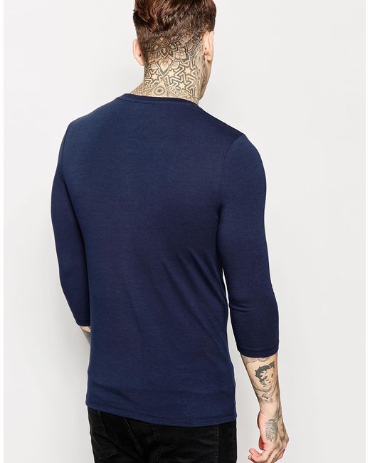ASOS Blue Extreme Muscle Fit 3/4 Sleeve T-shirt With Crew Neck And Stretch for men