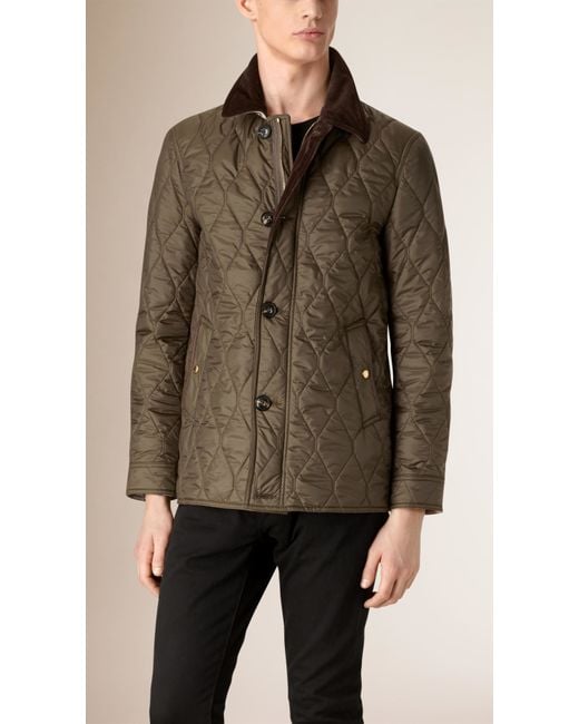 Burberry Check Detail Quilted Jacket With Corduroy Collar in Green for Men  | Lyst