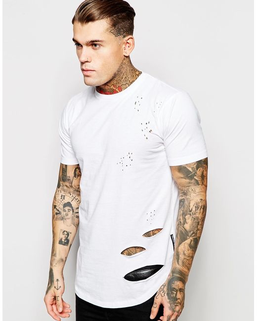 Criminal Damage White Distressed T-shirt With Rips for men