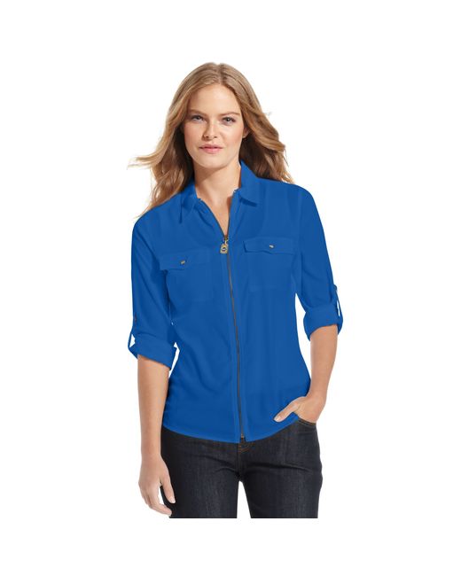 Michael Kors Blue Long Sleeve Zip Front Utimity Shirt