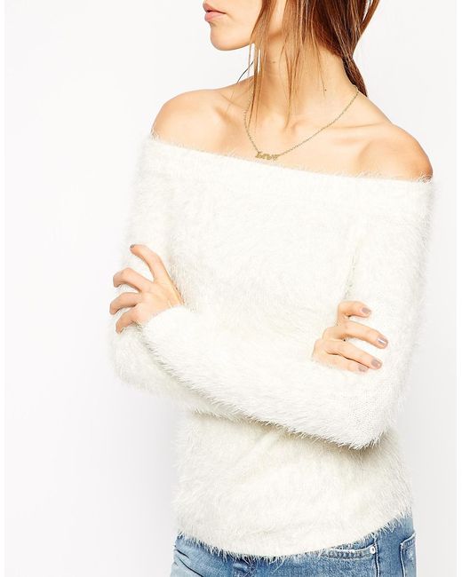 ASOS Off Shoulder Sweater In Fluffy Knit in Natural | Lyst Canada