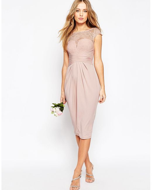  Asos  Wedding  Lace Top Pleated Midi Dress  in Pink  Blush  