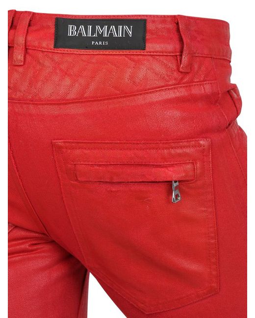 Balmain 18cm Geometric Waxed Denim Biker Jeans in Red for Men | Lyst