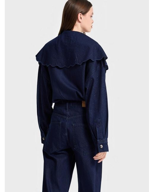 its basic Blue Its Basic Oversizeshirt Oversized Rhinestone Denim Shirt