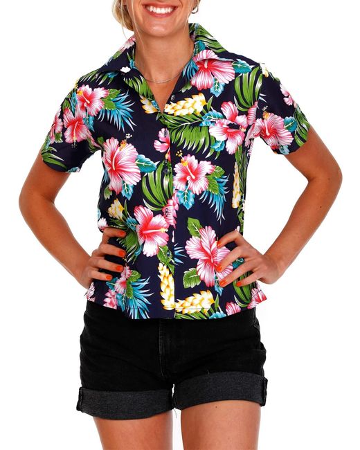 King Kameha Blue Bluse Hibiscus New
