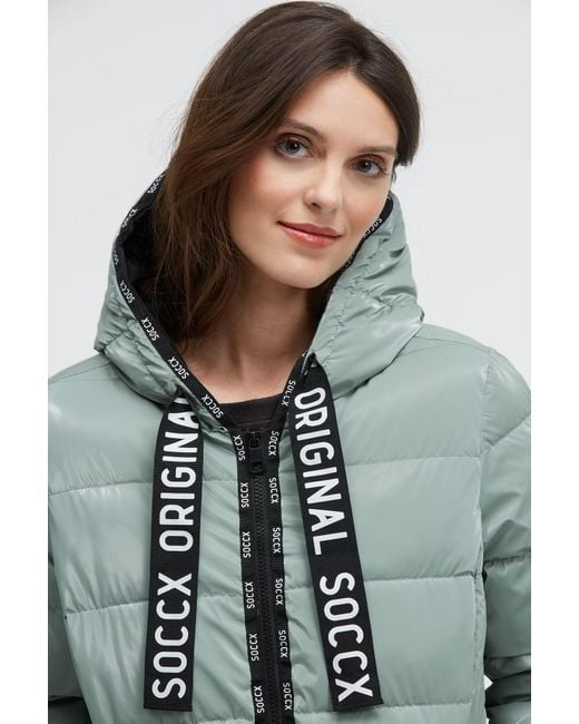 SOCCX Green Glänzende Steppjacke Mit Kapuze Und Logo-Bändern