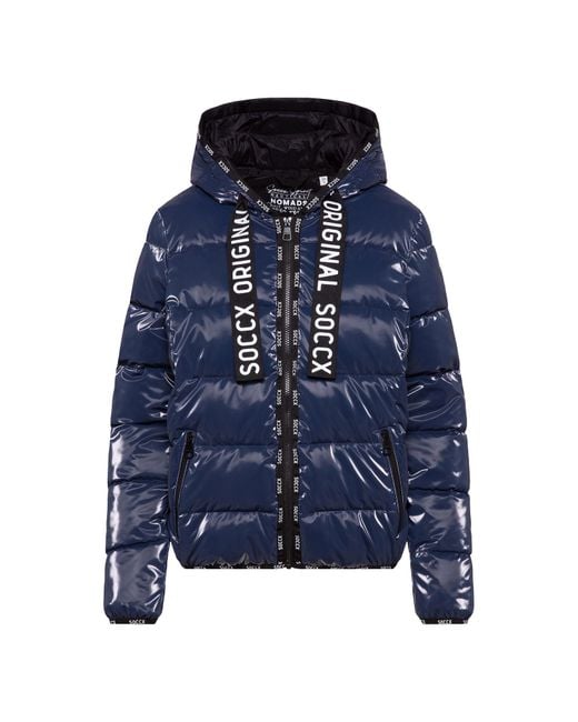 SOCCX Blue Glänzende Steppjacke Mit Kapuze Und Logo-Bändern