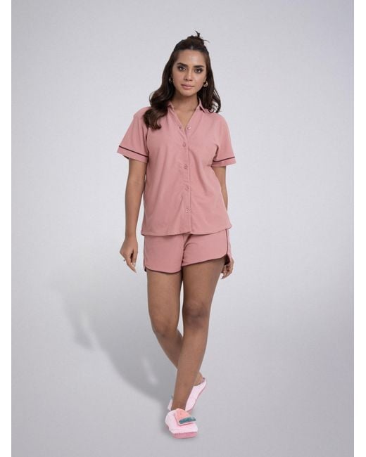 LEAFLETIC Pink Shorty Night Wear Short Set