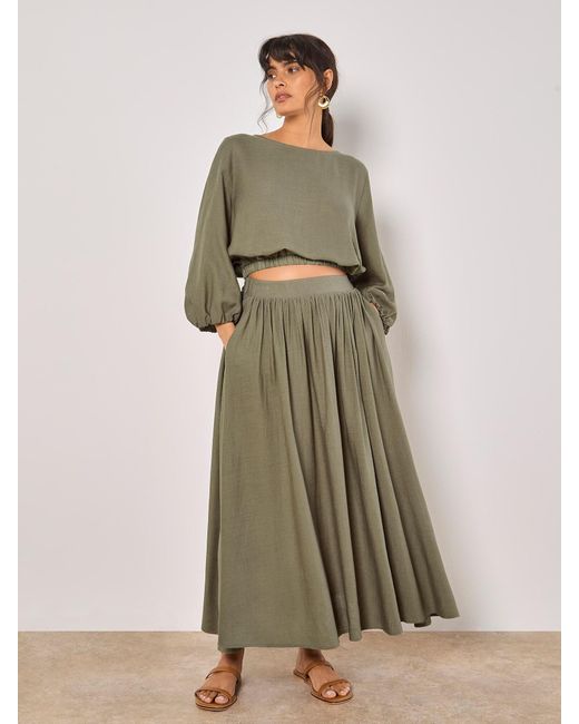 Apricot Green Linen Blend Bubble Hem Crop Top