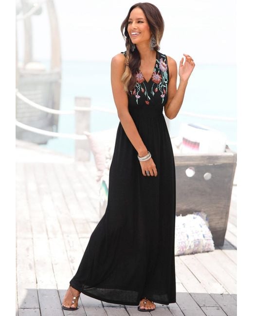 Buffalo Black Maxikleid mit Druck am Vorderteil und Bindeband hinten, Sommerkleid, casual-chic
