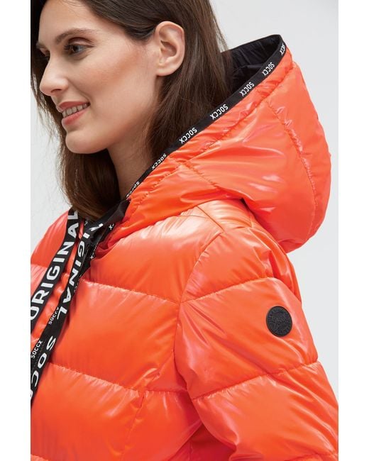 SOCCX Orange Glänzende Steppjacke Mit Kapuze Und Logo-Bändern