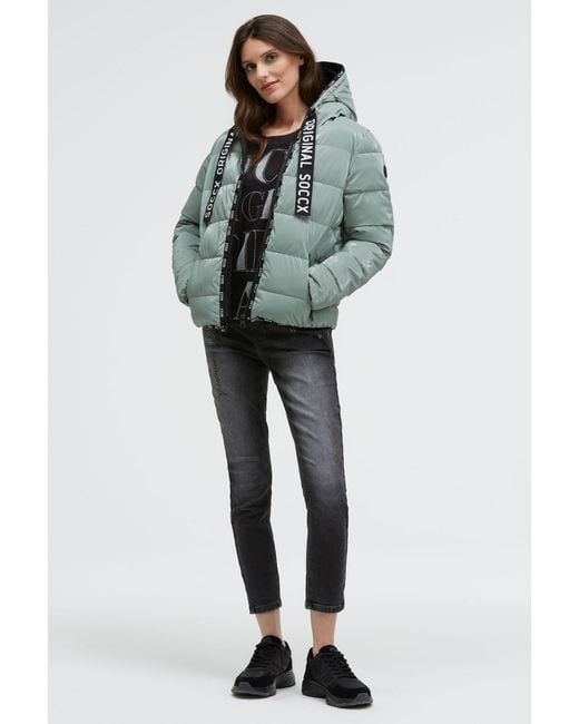 SOCCX Green Glänzende Steppjacke Mit Kapuze Und Logo-Bändern