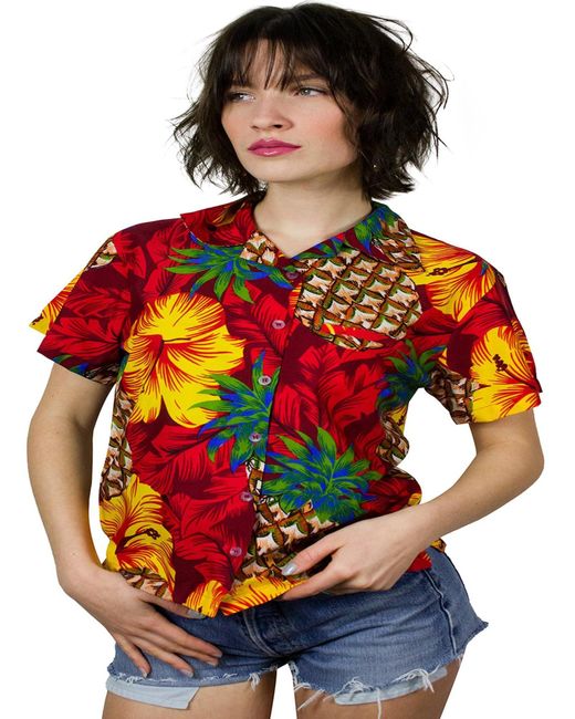 King Kameha Red Bluse Pineapple Hibiscus