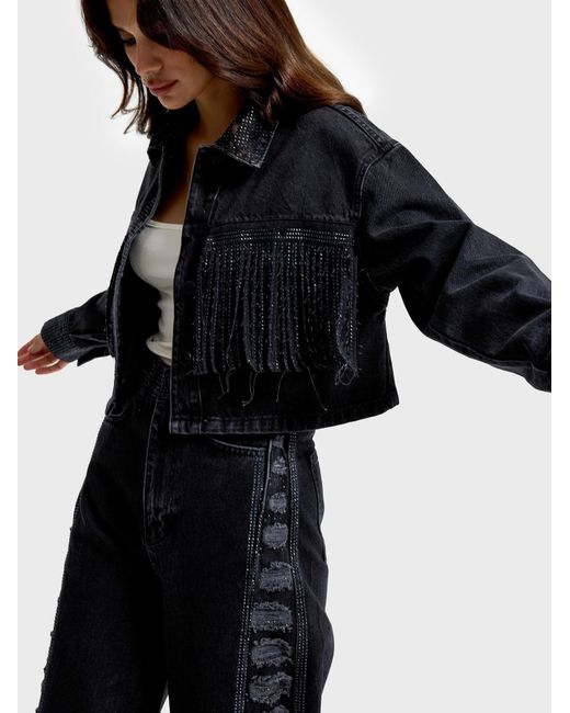 its basic Black Its Basic Weste Rhinestone Cropped Denim Jacket