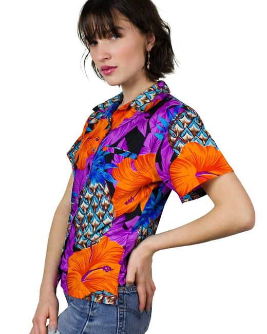 King Kameha Red Bluse Pineapple Hibiscus Line