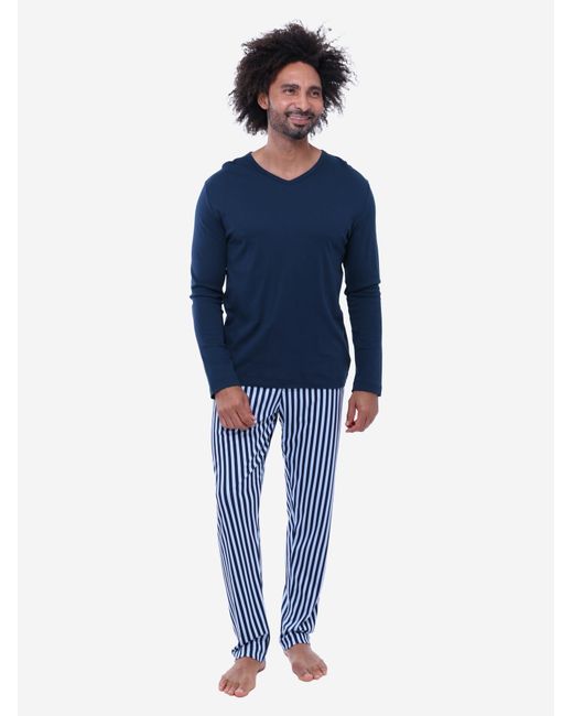 Mey Pyjama Lang Graphic Stripes in Blue für Herren