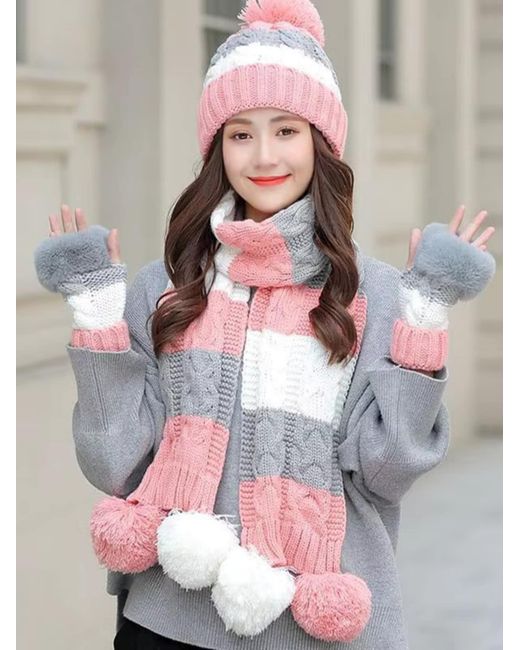 Kumixi Gray Mütze Set: Mütze & Loop Schal & Handschuhe