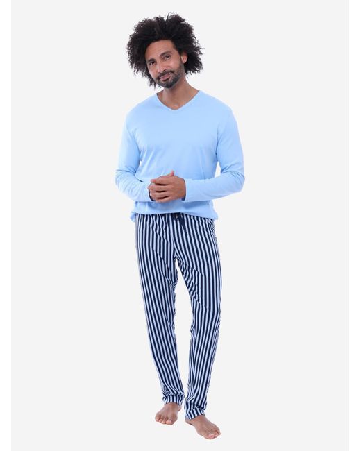 Mey Pyjama Lang Graphic Stripes in Blue für Herren