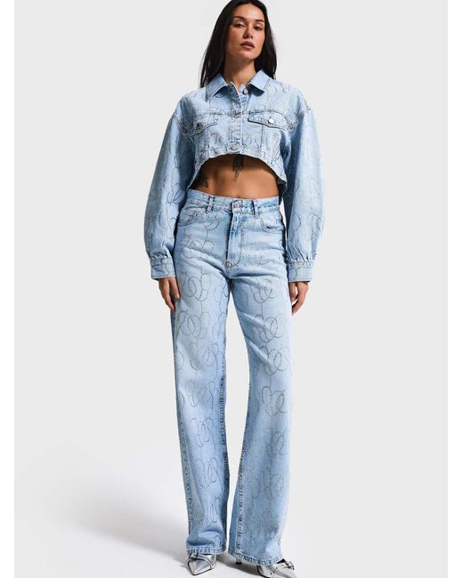 its basic Blue Its Basic Weste Rhinestone Cropped Denim Jacket
