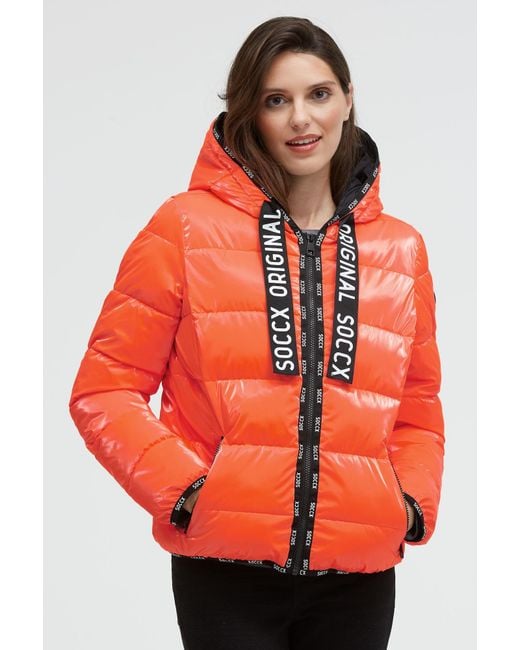 SOCCX Orange Glänzende Steppjacke Mit Kapuze Und Logo-Bändern