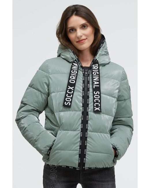 SOCCX Green Glänzende Steppjacke Mit Kapuze Und Logo-Bändern