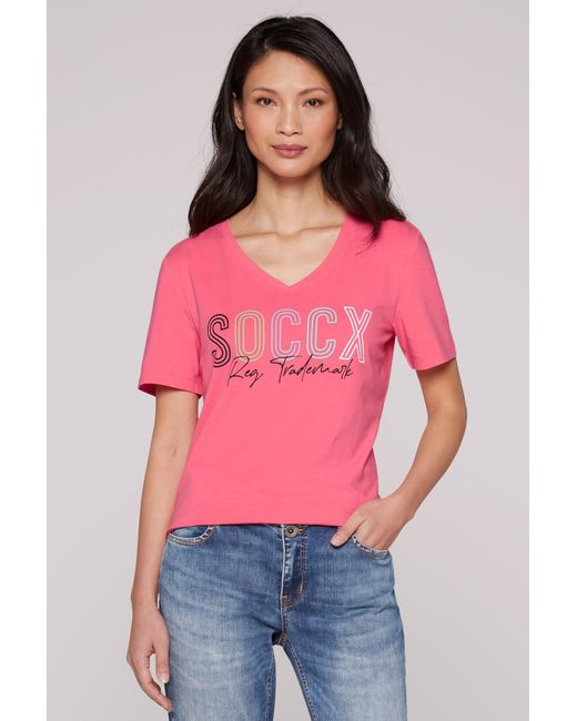 SOCCX Pink Basic T-Shirt Mit V-Ausschnitt Und Logo