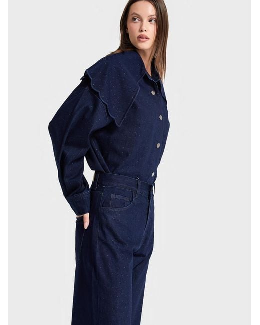 its basic Blue Its Basic Oversizeshirt Oversized Rhinestone Denim Shirt