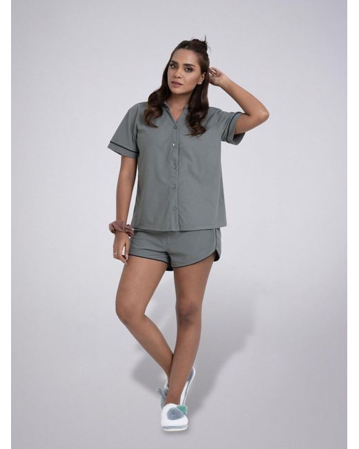 LEAFLETIC Gray Shorty Night Wear Short Set
