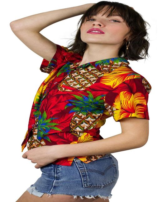 King Kameha Red Bluse Pineapple Hibiscus