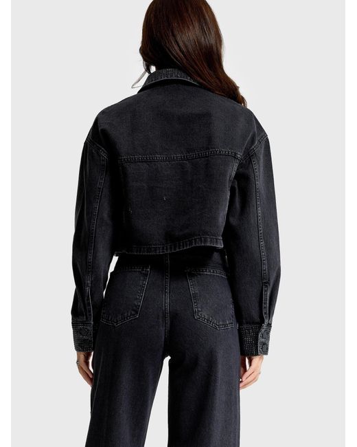 its basic Black Its Basic Weste Rhinestone Cropped Denim Jacket