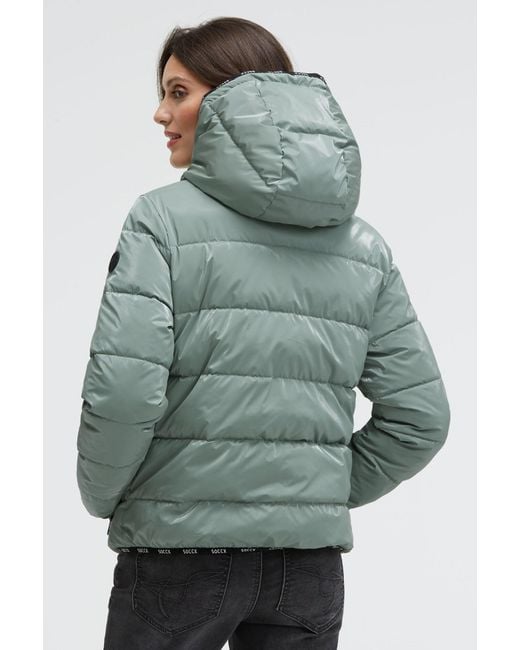 SOCCX Green Glänzende Steppjacke Mit Kapuze Und Logo-Bändern