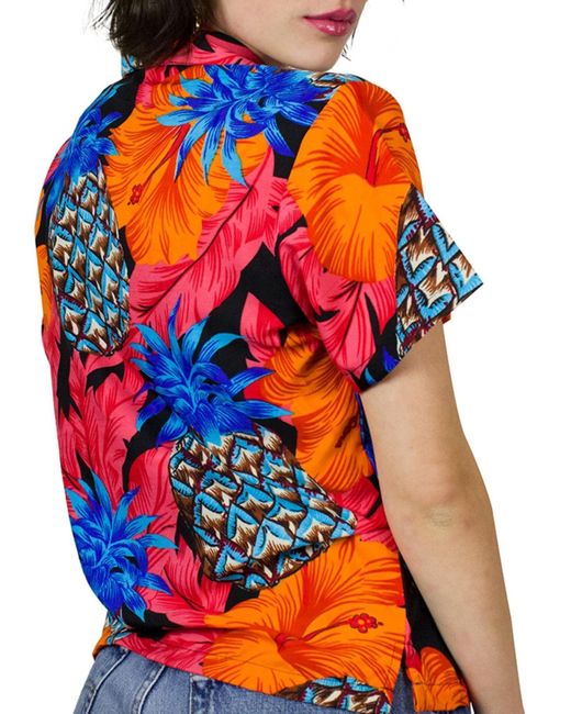King Kameha Orange Bluse Pineapple Hibiscus Line