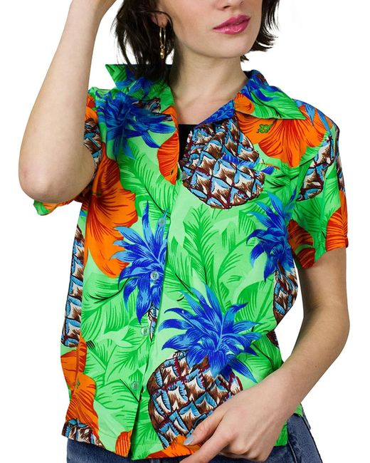 King Kameha Green Bluse Pineapple Hibiscus Shadow Line