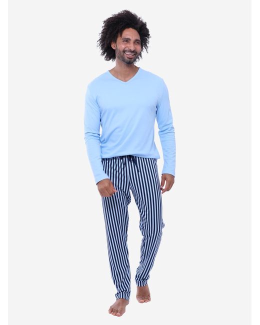 Mey Pyjama Lang Graphic Stripes in Blue für Herren