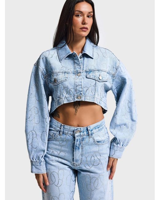 its basic Blue Its Basic Weste Rhinestone Cropped Denim Jacket