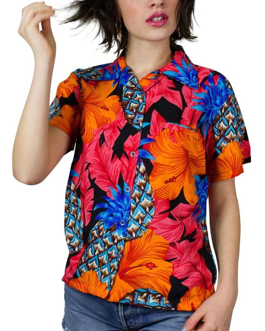 King Kameha Orange Bluse Pineapple Hibiscus Line