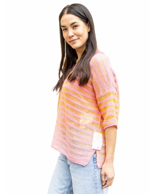 LIKS. Munich Pink Pullover Oversize Strickpullover Mohair Baumwollmix Gestreift