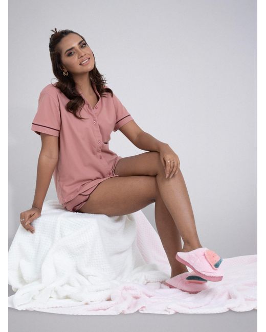 LEAFLETIC Pink Shorty Night Wear Short Set