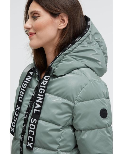 SOCCX Green Glänzende Steppjacke Mit Kapuze Und Logo-Bändern