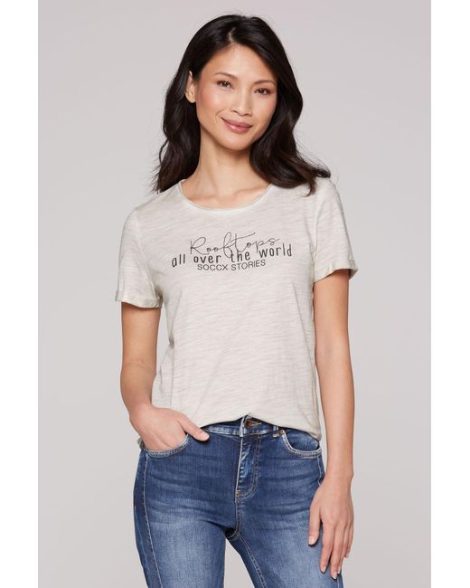 SOCCX White T-Shirt Im Used Look Mit Label Prints