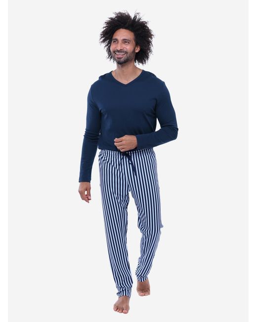 Mey Pyjama Lang Graphic Stripes in Blue für Herren