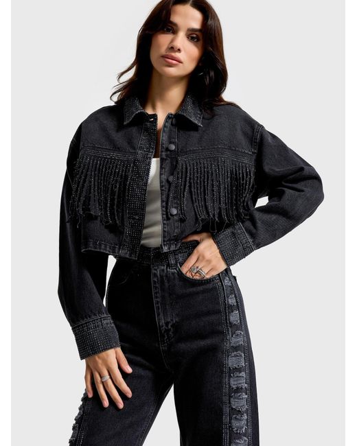 its basic Black Its Basic Weste Rhinestone Cropped Denim Jacket