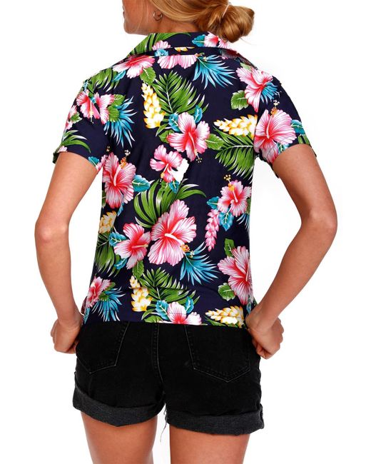King Kameha Blue Bluse Hibiscus New