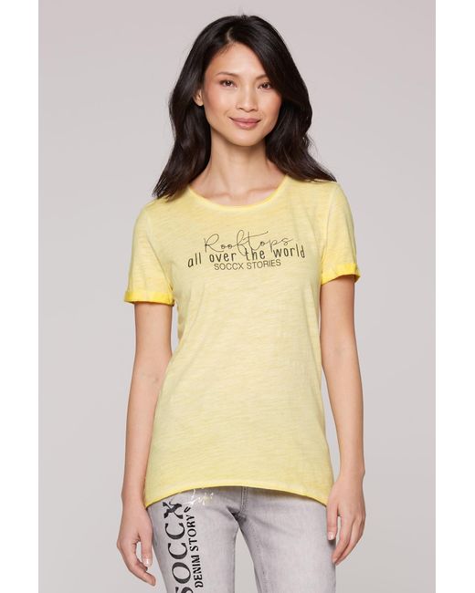 SOCCX Yellow T-Shirt Im Used Look Mit Label Prints