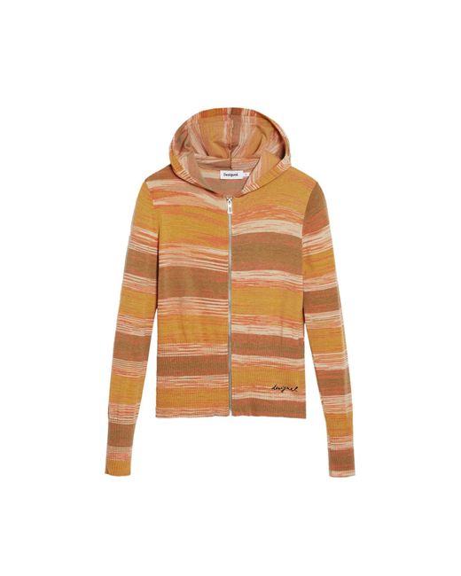 Desigual Orange Gestreifter Kapuzenpullover Mit Reißverschluss