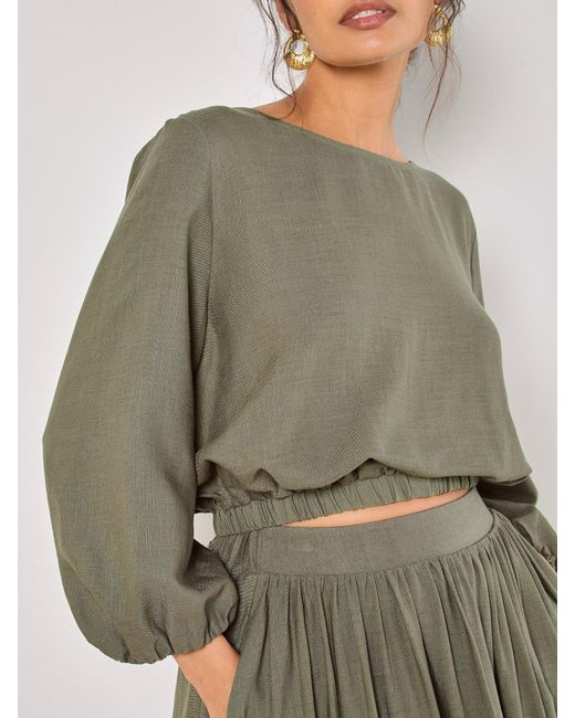 Apricot Green Linen Blend Bubble Hem Crop Top