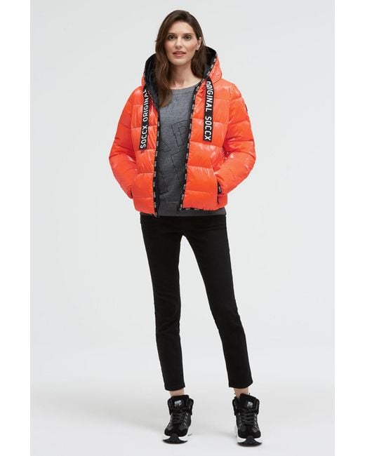 SOCCX Orange Glänzende Steppjacke Mit Kapuze Und Logo-Bändern